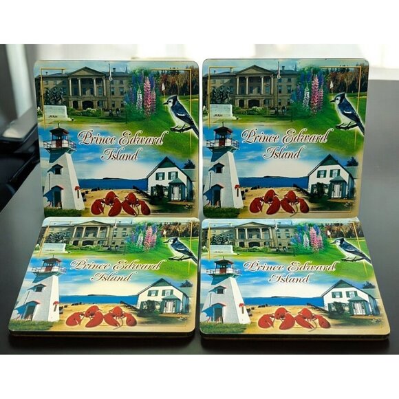 Prince Edward Island Themed Coasters Set of 4 Square Beach Lighthouse Lobster - Picture 1 of 6